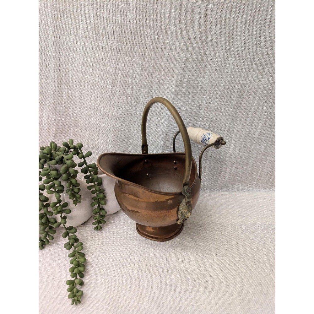Small Copper Lion Head Coal/Scuttle Bucket with Blue & White Porcelain Handle
